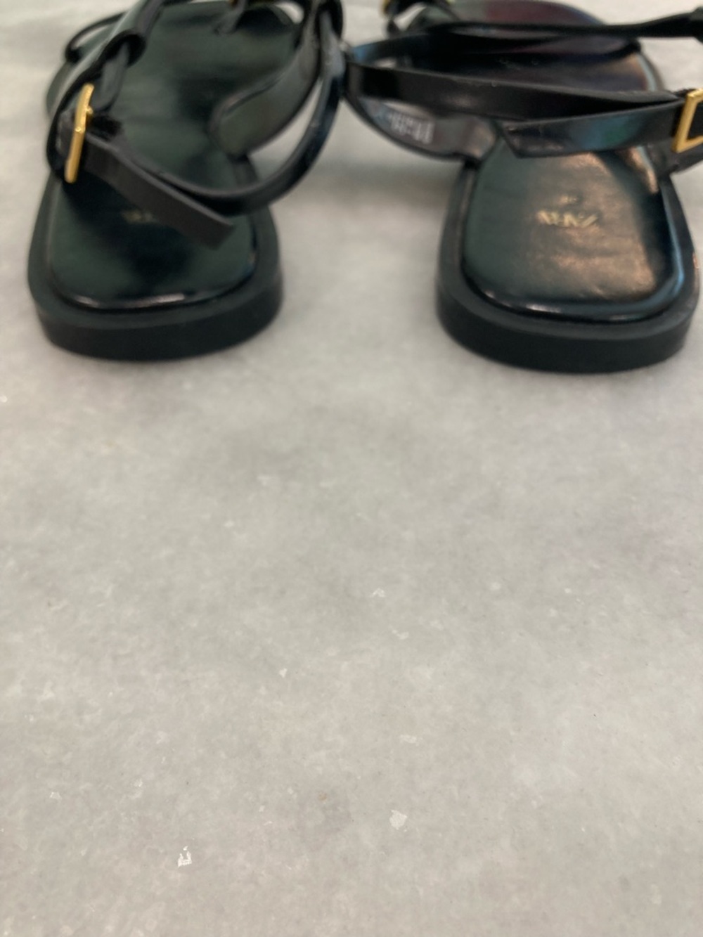 ZARA Black Leather Flat Strappy Gold Metal Toe Sandals - Picture 9 of 15